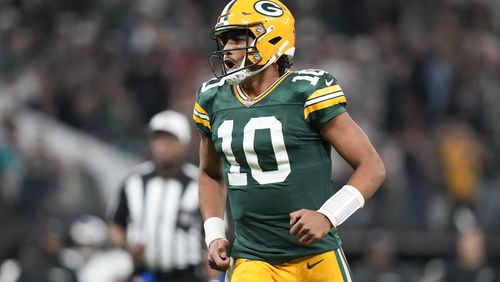 Green Bay Packers quarterback Jordan Love (10) reacts during the second half of an NFL football game against the Philadelphia Eagles, Friday, Sept. 6, 2024, at the Neo Quimica Arena in Sao Paulo. (AP Photo/Doug Benc)