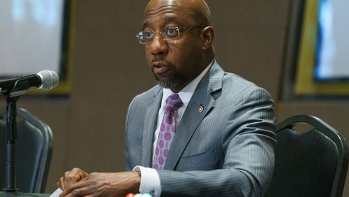 U.S. Sen. Raphael Warnock, D-Ga., speaks during a U.S. Senate Rules Committee Georgia Field Hearing on the right to vote at the National Center for Civil and Human Rights on July 19, 2021, in Atlanta. (Elijah Nouvelage/Getty Images/TNS)