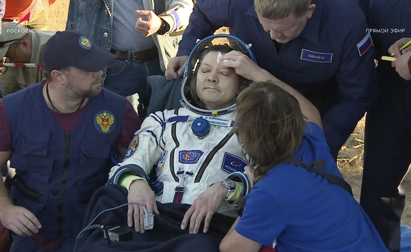 In this photo taken from video released by Roscosmos space corporation, Roscosmos cosmonaut Oleg Kononenko sits in a chair shortly after the landing of the Russian Soyuz MS-25 space capsule carrying NASA astronaut Tracy Dyson, Roscosmos cosmonauts Oleg Kononenko and Nikolai Chub, south-east of the Kazakh town of Zhezkazgan, Kazakhstan, Monday, Sept. 23, 2024. (Roscosmos space corporation via AP)