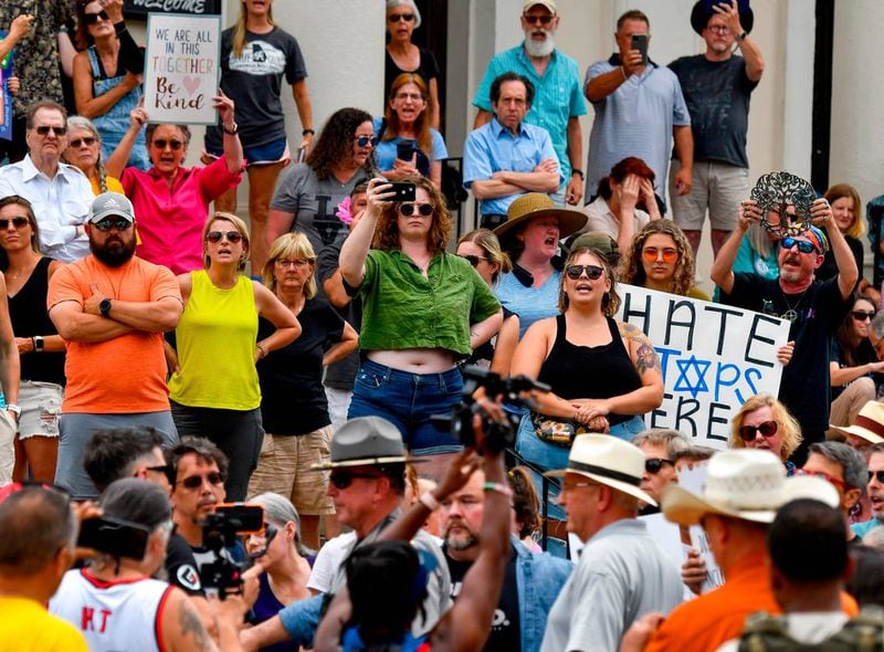 Hundreds of people chant after an antisemitic hate group showed up a for a counter-protest at Temple Beth Israel Saturday afternoon. The counter-protest was scheduled after the antisemitic hate group gathered outside the Temple Friday. (Photo Courtesy of Jason Vorhees)