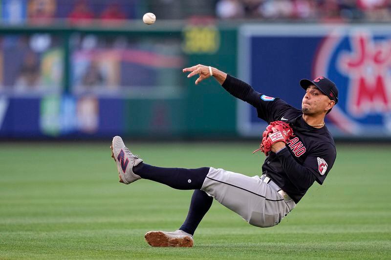 Cleveland Guardians second baseman Andres Gimenez attempts to throw out Los Angeles Angels' Kevin Pillar at first during the first inning of a baseball game Friday, May 24, 2024, in Anaheim, Calif. Pillar was safe at first on the play. (AP Photo/Mark J. Terrill)