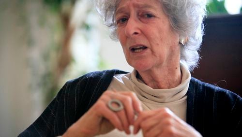 FILE - Author Lore Segal gestures during an interview in New York, Feb. 19, 2010. (AP Photo/Mary Altaffer, File)