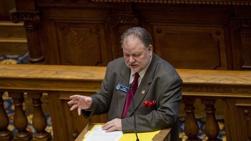 03/05/2021 —Atlanta, Georgia — Senate Rules Committee Chairman Sen. Jeff Mullis (R-Chickamauga) speaks on the Senate floor in Georgia State Capitol building in Atlanta, Friday, March 5, 2021. (Alyssa Pointer / Alyssa.Pointer@ajc.com)