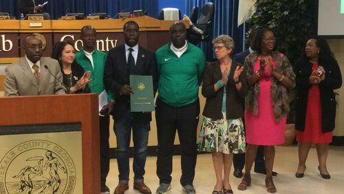 The DeKalb County Board of Commissioners and representatives for United Soccer Africa recognized the Nigeria men’s Olympic soccer team on Tuesday. The team is playing a match Saturday at Silverbacks Park. From left: Commissioner Larry Johnson, Commissioner Nancy Jester, Bunny Jinadu of United Soccer Africa, Assistant Coach Fatal Amoo, Goal Keeper Coach David Ngodigha, Commissioner Kathie Gannon, Commissioner Mereda Davis Johnson and Commissioner Sharon Barnes Sutton. MARK NIESSE/ MARK.NIESSE@AJC.COM