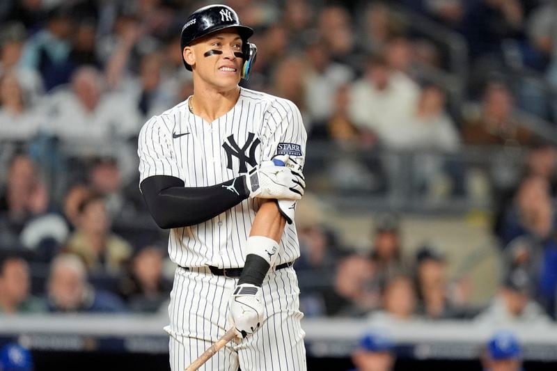 New York Yankees outfielder Aaron Judge takes a walk against the Kansas City Royals during the fifth inning of Game 2 of the American League baseball playoff series, Monday, Oct. 7, 2024, in New York. (AP Photo/Frank Franklin II)