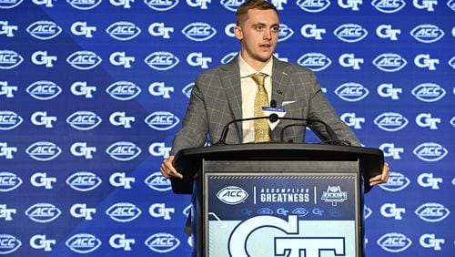 Georgia Tech quarterback Haynes King meets with the media Monday during the ACC Football Kickoff in Charlotte.