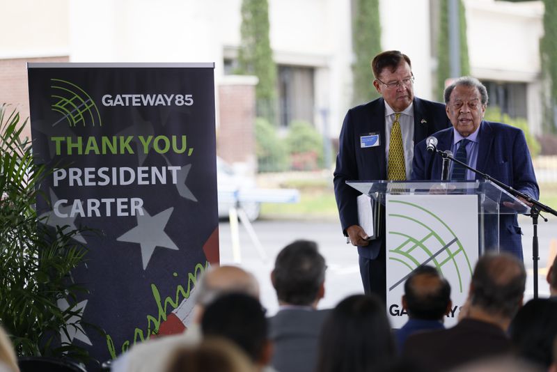 Ambassador Andrew Young addresses the guest during a press conference organized by the Gateway85 Community Improvement District outside the Global Mall in Gwinnett on Tuesday, May 23. The event aimed to spotlight Jimmy Carter's legacy and pay tribute to him with banners unveiled along a 2-mile stretch of Jimmy Carter Blvd.
Miguel Martinez /miguel.martinezjimenez@ajc.com