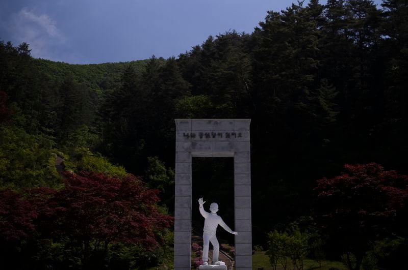 A statue of Lee Seung-bok, a 9-year-old boy who was killed in 1968 by North Korean infiltrators, is accompanied by an inscription that reads, "I hate communists," at the Lee Seung-bok Memorial Hall in Pyeongchang, South Korea, Wednesday, May 22, 2024. (AP Photo/Jae C. Hong)