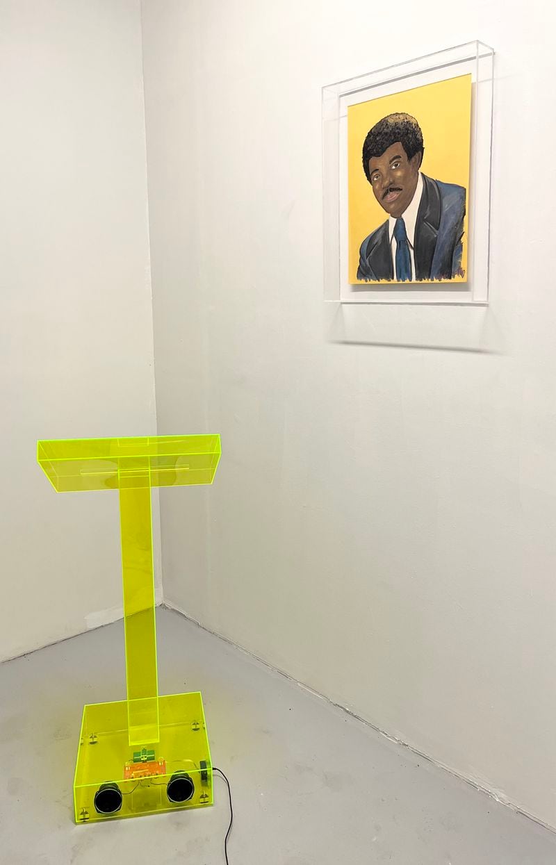 "Sang James (BOJ)" mixed media installation with plexiglass podium, plexiglass frame, pastel on paper and audio recording by the artist.
(Courtesy of The End Project Space)