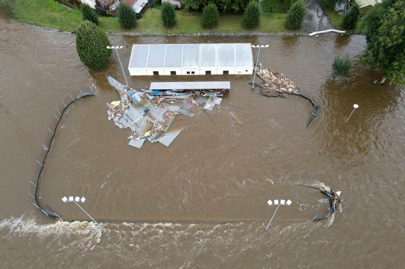 A view of flooded sports club in Plav, Czech Republic, Tuesday, Sept. 17, 2024. (AP Photo/Stanislav Hodina)