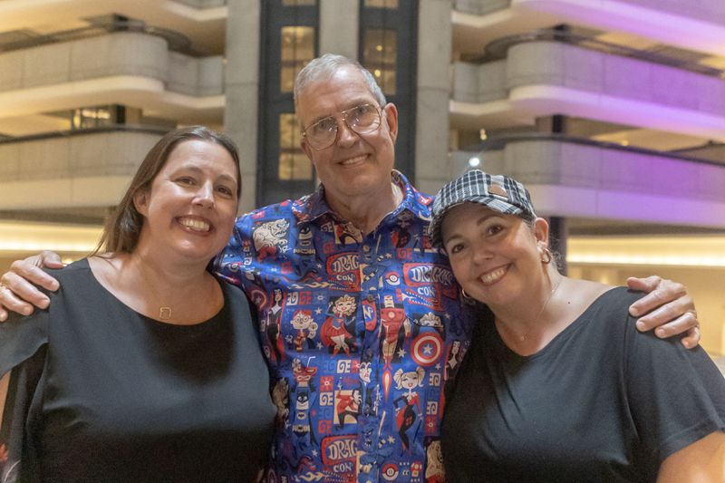 DragonCon co-Founder Pat Henry with daughters Rachel Reeves, left, and Mandy Collier at Atlanta Marriott Marquis, one of five hotels that will host Dragon Con this year. (Michael Blackshire/Michael.blackshire@ajc.com)

