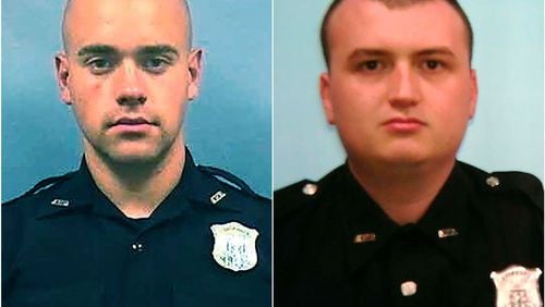 Atlanta officers Garrett Rolfe (left) and Devin Brosnan filed a lawsuit Friday night alleging their civil rights were violated when they were charged in Rayshard Brooks' killing.