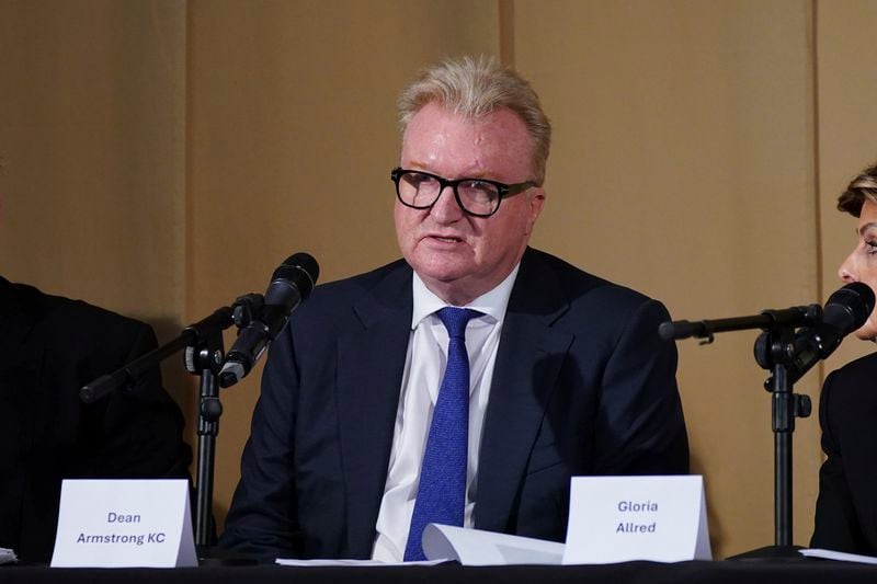 Dean Armstrong KC, who featured in 'Al-Fayed: Predator at Harrods' speaks during a press conference to discuss the involvement of the legal team in the investigation and the legal claim against Harrods for failing to provide a safe system of work for their employees, at Kent House in Knightsbridge, London, Friday Sept. 20, 2024. Multiple ex-Harrods employees have accused Mohamed Al Fayed, the Egyptian billionaire who owned the luxury department store for more than 25 years, of rape and sexual assault. (Yui Mok/PA via AP)