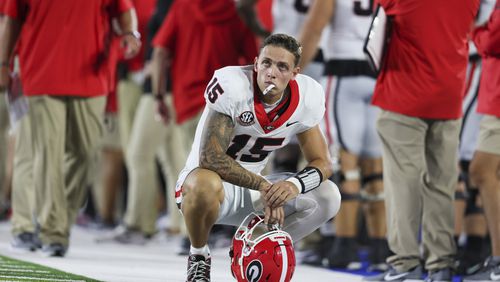 Georgia quarterback Carson Beck (15) reacts during the closing minutes of their game against Kentucky at Kroger Field, Saturday, Sept. 14, 2024, in Lexington, Kentucky. Georgia won 13-12. (Jason Getz / AJC)

