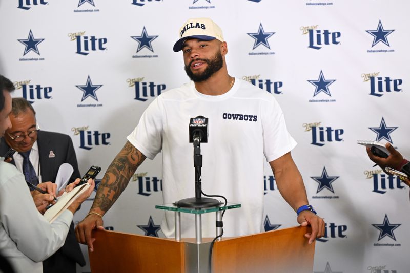 Dallas Cowboys' Dak Prescott responds to questions during a news conference after the team's NFL football game against the Cleveland Browns in Cleveland, Sunday, Sept. 8, 2024. (AP Photo/David Richard)