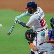 Atlanta Braves' Michael Harris II swings at a pitch called as a strike in the first inning of a baseball game against the New York Mets, Tuesday, Sept. 24, 2024, in Atlanta. (AP Photo/Jason Allen)