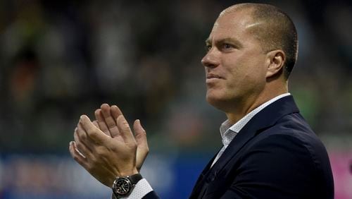 Giovanni Savarese, head coach of the Portland Timbers, cheers on his team during the first half of the match against the Sporting Kansas City at Providence Park on November 25, 2018 in Portland, Oregon. (Photo by Steve Dykes/Getty Images)