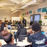 Rashad Brown teaches Advanced Placement African American Studies at Maynard Jackson High School in February 2023. State Schools Superintendent Richard Woods did not approve the course after its pilot, meaning schools will not receive funding for the course if they offer it.  (Jenni Girtman for The Atlanta Journal-Constitution)