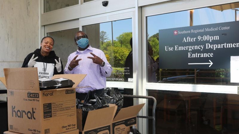 Mychel “Snoop” Dillard was on site for the April 16 food drop at Southern Regional Medical Center . Photo: Courtesy ArtDepartmentPR