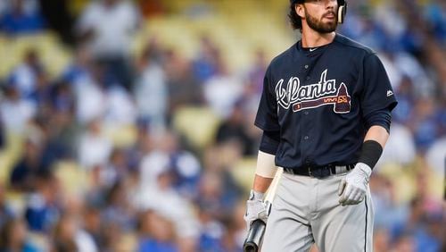 Atlanta Braves' Dansby Swanson in action during the second inning of a baseball game against the Los Angeles Dodgers in Los Angeles, Friday, July 21, 2017. (AP Photo/Kelvin Kuo)