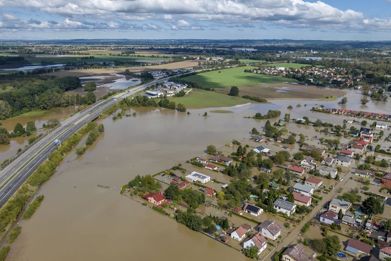 A drone image showing the floods in the Ostrava-Koblov district, Czech Republic, Sunday Sept. 15, 2024. (Petr Sznapka/CTK via AP)