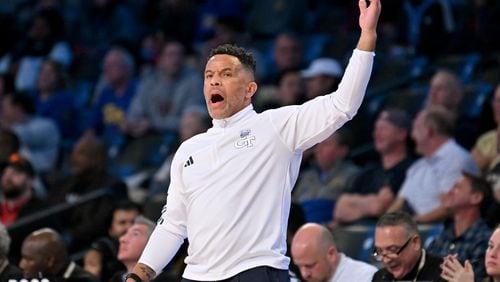 Georgia Tech head coach Damon Stoudamire shouts instructions during the second half of an NCAA college basketball game at Georgia Tech’s McCamish Pavilion, Tuesday, January 23, 2024, in Atlanta. Pittsburgh defeated Georgia Tech, 72-64. (Hyosub Shin / Hyosub.Shin@ajc.com)