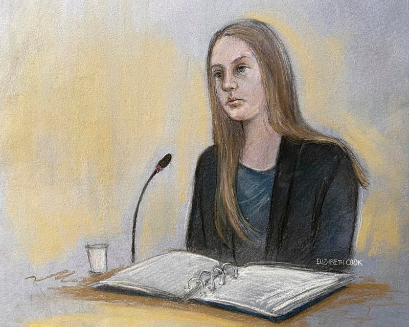 Court artist drawing by Elizabeth Cook dated 24/06/24 of Lucy Letby giving evidence during her trial at Manchester Crown Court, in Manchester, England. Letby is accused of attempting to murder a baby girl in February 2016 when she worked as a nurse at the Countess of Chester Hospital's neonatal unit. Letby, 34, was convicted at Manchester Crown Court last August by another jury of the murders of seven babies and the attempted murders of six others at the Countess of Chester Hospital's neo-natal unit between June 2015 and June 2016. (Elizabeth Cook/PA via AP)