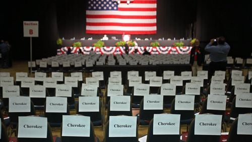 May 17, 2013 - Athens, Ga: Seat holders for Cherokee County delegate members are shown before the start of the Georgia Republican Party 2013 State Convention at The Classic Center Friday afternoon in Athens, Ga., May 17, 2013. This is the first day of a two day convention in Athens. JASON GETZ / JGETZ@AJC.COM The setup for the 2013 GAGOP convention in Athens (AJC file)