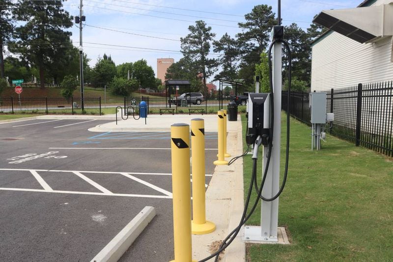 Two, Level-2 charging spaces of the 28-space Linwood Park and Ride are shown here. The chargers can take anywhere from 1-8 hours to charge, depending on the capacity. (Photo Courtesy of Kala Hunter)