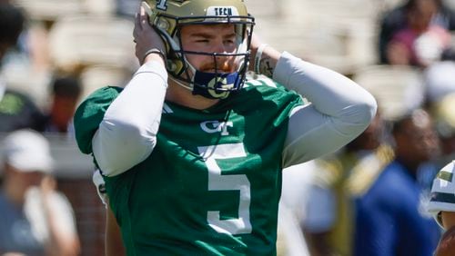 Georgia Tech quarterback Zach Pyron (5) listens for the next play during the spring White and Gold game at Bobby Dodd Stadium in Atlanta on Saturday, April 13, 2024.   (Bob Andres for The Atlanta Journal-Constitution)