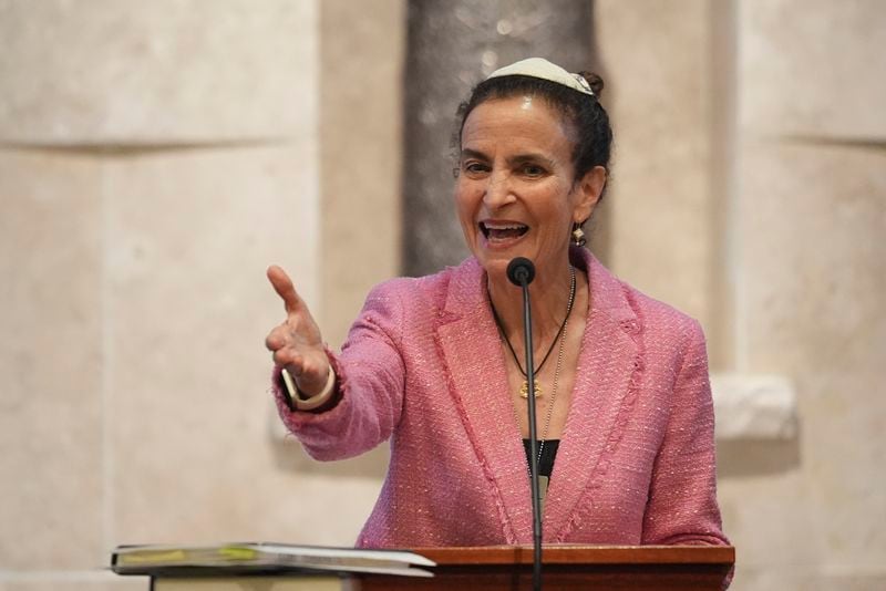 Gayle Pomerantz, senior rabbi at Temple Beth Sholom, speaks during a Shabbat service, Friday, Sept. 27, 2024, in Miami Beach, Fla. (AP Photo/Wilfredo Lee)