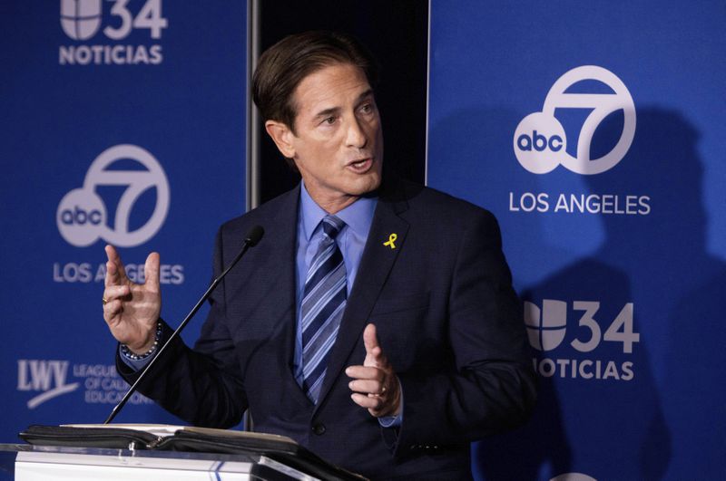 Former federal prosecutor Republican candidate Nathan Hochman speaks during the 2024 Los Angeles County district attorney candidate forum with incumbent Democratic Los Angeles County District Attorney George Gascón in Los Angeles, Sunday, Sept. 29, 2024. (AP Photo/Ethan Swope)