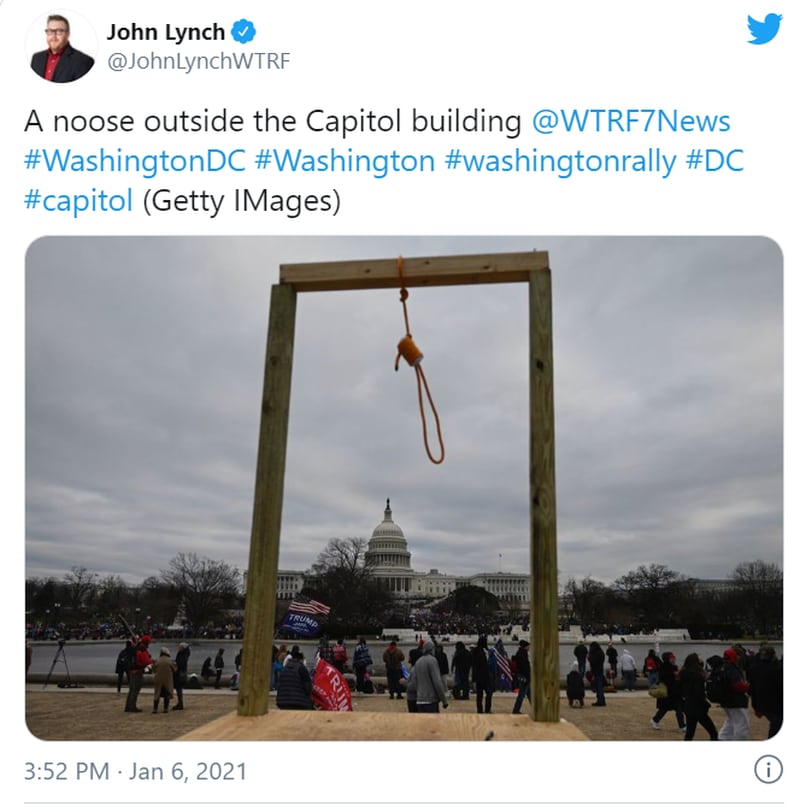 A photograph showed a noose hanging across from the U.S. Capitol before a pro-Trump riot on Jan. 6, 2020.