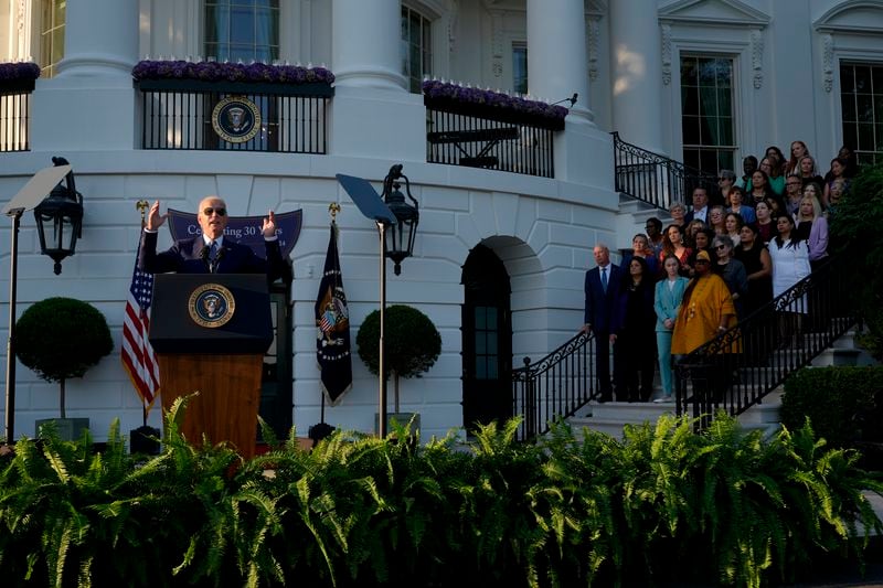 President Joe Biden speaks during the Violence Against Women Act 30th anniversary celebration on the South Lawn of the White House, Thursday, Sept. 12, 2024, in Washington. (AP Photo/Manuel Balce Ceneta)