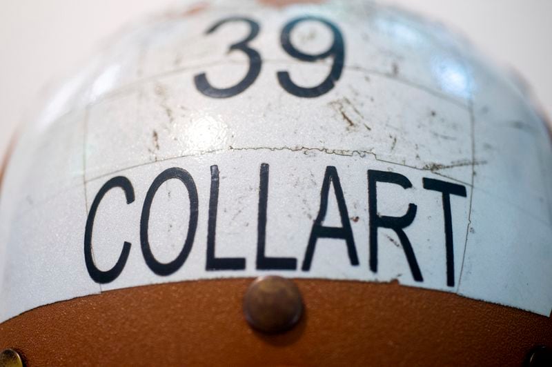 The helmet of Marine Corporal Spencer R. Collart is seen at the home of his parents in Arlington, Va., Thursday, June 19, 2024. Collart, 21, was killed along with two other Marines when the MV-22B Osprey aircraft they were on crashed during drills on a north Australian island on August 27, 2023. (AP Photo/Rod Lamkey, Jr.)