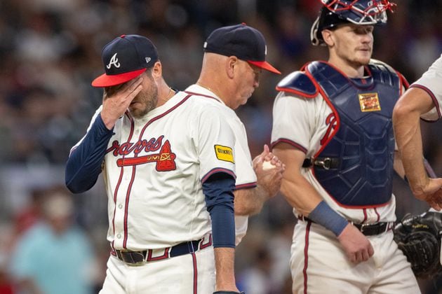 Atlanta Braves pitcher Luke Jackson (22) leaves the mound during a pitching change in the seventh inning against the Colorado Rockies at Truist Park in Atlanta on Thursday, September 5, 2024. The Braves lost 3-1. (Arvin Temkar / AJC)