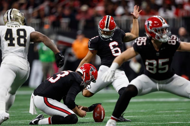 Atlanta Falcons place kicker Younghoe Koo (6) kicks a field goal against the New Orleans Saints during the second half of an NFL football game, Sunday, Sept. 29, 2024, in Atlanta. (AP Photo/Butch Dill)