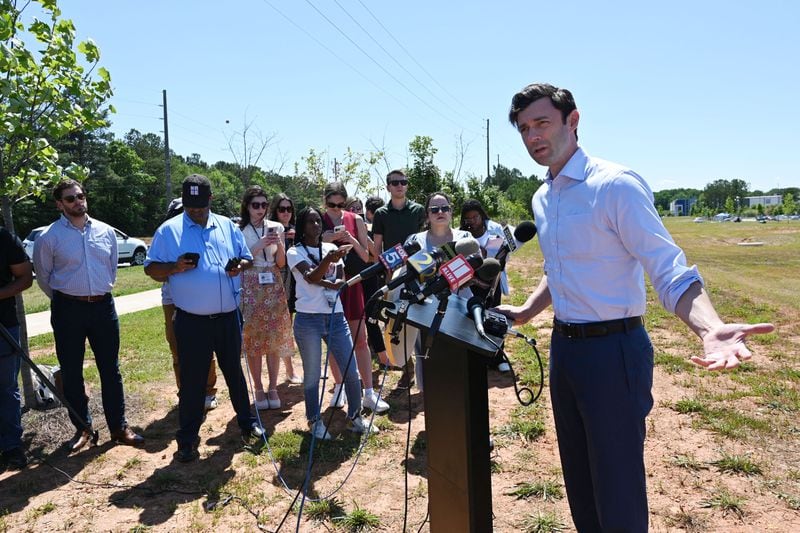 U.S. Senator Jon Ossoff speaks to members of the media during a press conference after personally inspecting the USPS Atlanta Regional Processing Facility, Thursday, May 30, 2024, in Palmetto. Earlier this month, Sen. Ossoff launched a new inquiry requesting an update from USPS Postmaster General Louis DeJoy on the current on-time delivery statistics in the metro Atlanta area and across Georgia. (Hyosub Shin / AJC)