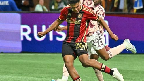 Atlanta United's defender Caleb Wiley (26) makes a shot on goal during the first half in a MLS soccer match at Mercedes-Benz Stadium, Saturday, March 18, 2023, in Atlanta. (Hyosub Shin / Hyosub.Shin@ajc.com)