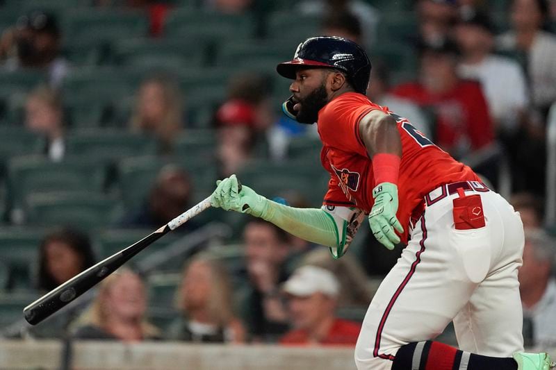 Atlanta Braves' Michael Harris II drives in a run with a ground ball in the second inning of a baseball game against the Toronto Blue Jays Friday, Sept. 6, 2024, in Atlanta. (AP Photo/John Bazemore)