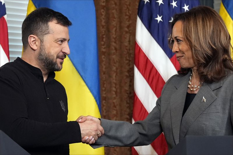 Vice President Kamala Harris meets with Ukraine's President Volodymyr Zelenskyy, Thursday, Sept. 26, 2024, in the vice president's ceremonial office inside the Eisenhower Executive Office Building on the White House complex in Washington. (AP Photo/Jacquelyn Martin)