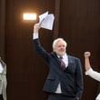 Wikileaks founder Julian Assange, center, his wife Stella Assange, right, and editor-in-chief of WikiLeaks Kristinn Hrafnsson, raise their fists as they arrive at the Council of Europe, in Strasbourg, eastern France, Tuesday, Oct. 1, 2024. (AP Photo/Pascal Bastien)