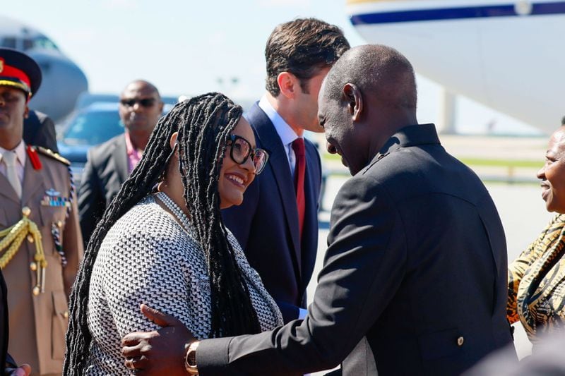 Kenya's President William Ruto is greeted by U.S. Rep. Nikema Williams, D-Atlanta, as he arrives for a state visit at Hartsfield-Jackson Atlanta International Airport on Monday, May 20, 2024. His work agenda includes visits to the CDC, MLK museum, Coca-Cola, Carter Center, and Tyler Perry Studios.
(Miguel Martinez / AJC)