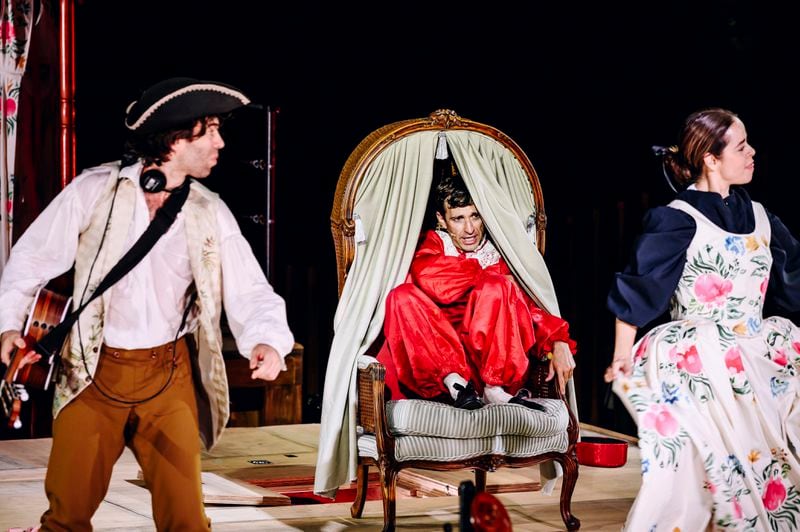 This image released by Little Island shows, from left, Christopher Bannow, Anthony Roth Costanzo and Emma Ramos during a performance of "The Marriage of Figaro" in New York on Aug. 30, 2024. (Nina Westervelt/Little Island via AP)