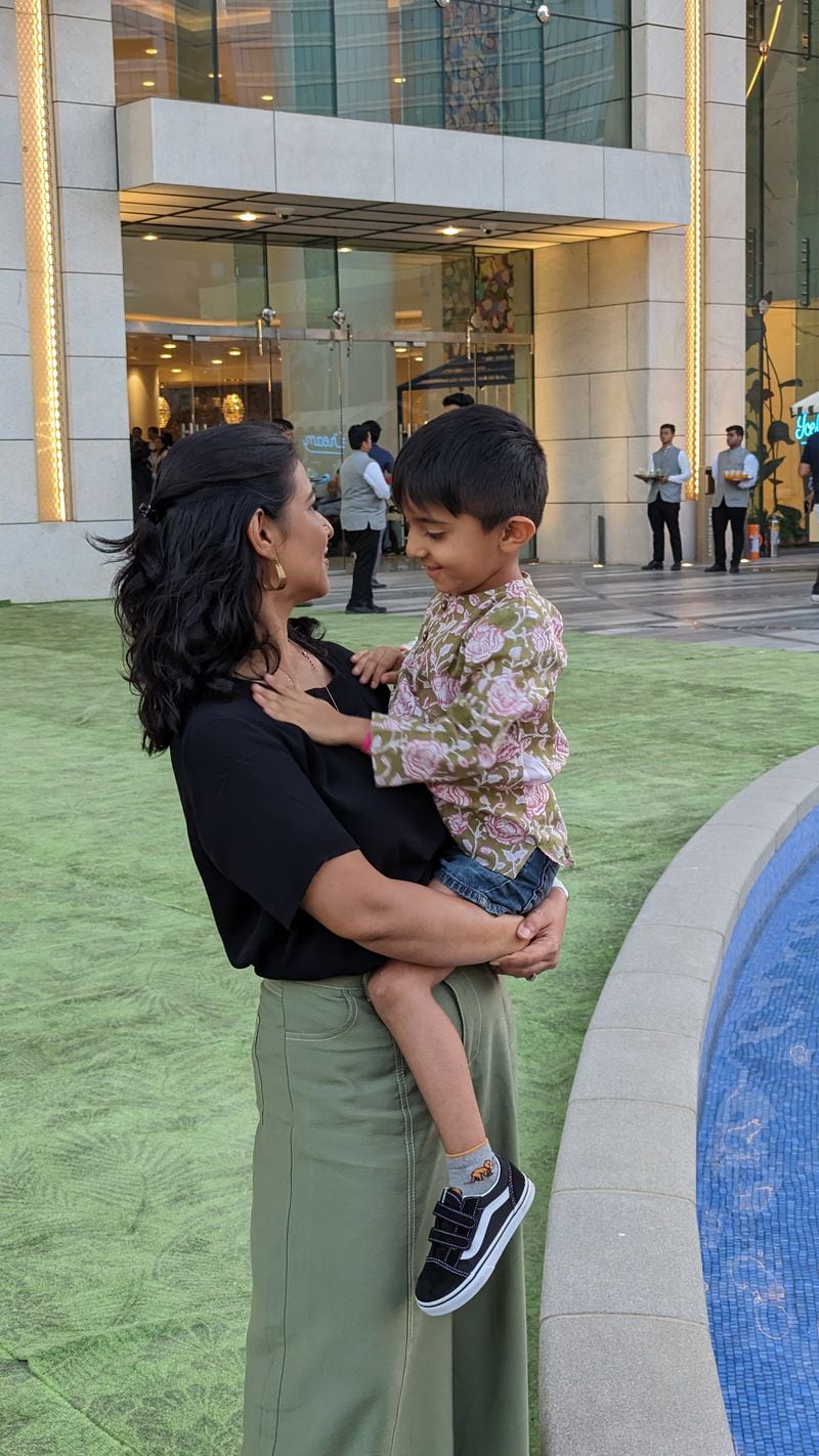 Sonika Bhasin, a sustainable lifestyle and parenting blogger, proudly wears hand-me-down pants to avoid buying new clothes. Sonika and her son only wear sustainable brands. (Photo Courtesy of Khushi Malhotra)