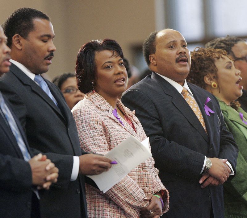 FILE - In this Feb. 6, 2006 file photo, the children of Martin Luther King Jr.,and Coretta Scott King, left to right, Dexter Scott King, Rev. Bernice King, Martin Luther King III and Yolanda King participate in a musical tribute to their mother at the new Ebenezer Baptist Church in Atlanta. (AP Photo/John Bazemore, File)