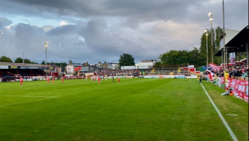 A first-half photo of an Irish premier-division game between home team Shelbourne F.C. and visiting Bohemian F.C. at Tolka Park stadium in Drumcondra, Ireland, Aug. 23, 2024. The teams drew 1-1. Drumcondra is a suburb of Dublin. (AJC photo by Ken Sugiura)