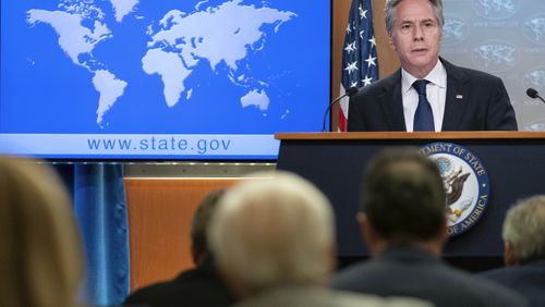 Secretary of State Antony Blinken speaks during a news conference about Russia's election interference at the Department of State in Washington, Friday, Sept. 13, 2024. (AP Photo/Jose Luis Magana)