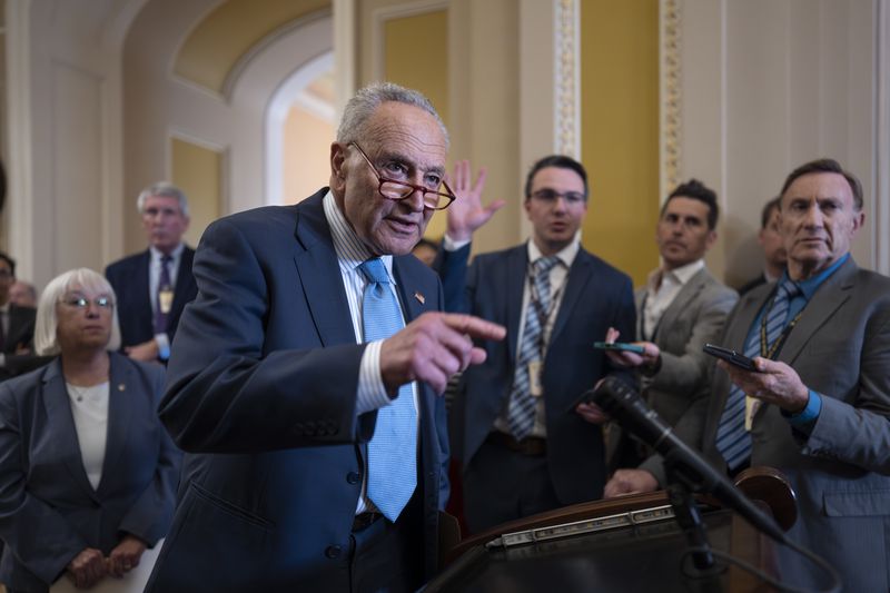 Senate Majority Leader Chuck Schumer, D-N.Y., speaks to reporters as the Senate prepares to vote for the second time this year on whether to consider legislation that would establish a nationwide right to in vitro fertilization, at the Capitol in Washington, Tuesday, Sept. 17, 2024. (AP Photo/J. Scott Applewhite)