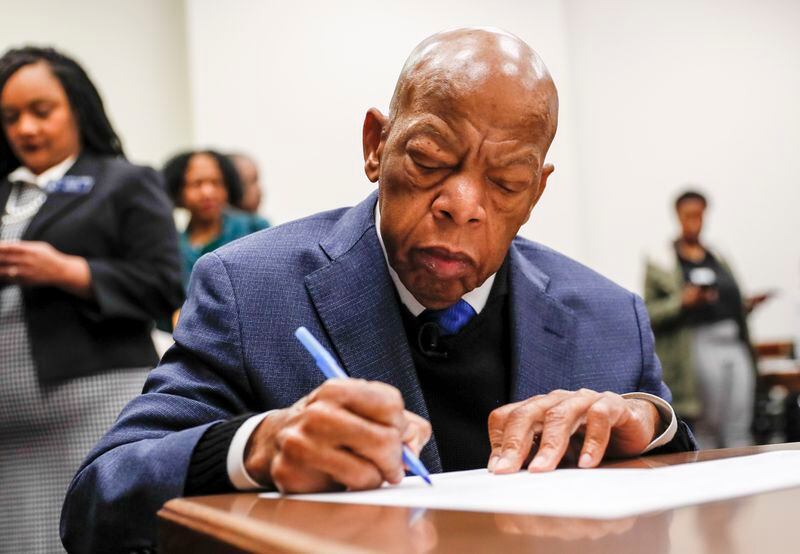 March 2, 2020 - Atlanta - Congressman John Lewis signs paperwork to qualify for reelection to his District 5 seat.  A large turnout by both Democrats and Republicans on the first day of election qualifying resulted in long lines of politicians waiting to sign in.   Bob Andres / robert.andres@ajc.com